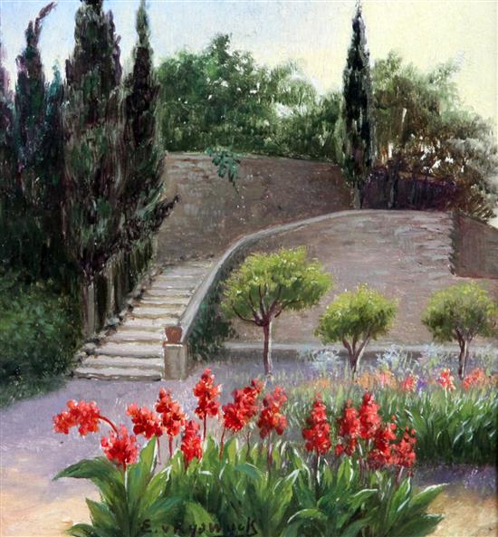 Edward van Ryswyck (Dutch, 1871-1931) View of an Italian garden, 6.5 x 6in.